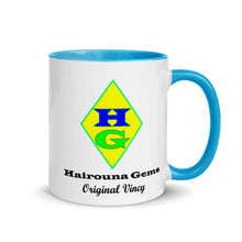 Load image into Gallery viewer, White ceramic mug with blue inside and on the handle showing the Hairouna Gems logo.