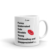Load image into Gallery viewer, White ceramic glossy mug with high self esteem adjective and a kiss.