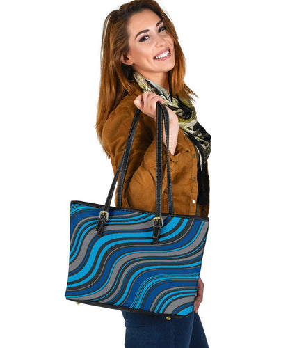 small leather tote with blue and brown fractal waves