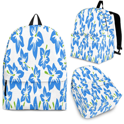 white unisex backpack with blue hibiscus flowers design