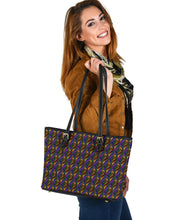 Load image into Gallery viewer, small leather tote bag with blue and brown windmills design

