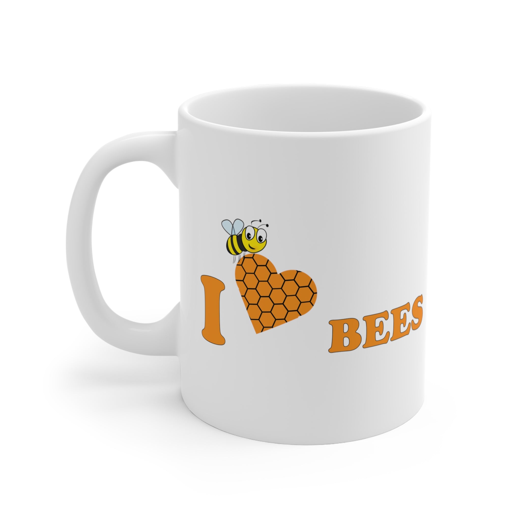 11oz white ceramic coffee mug with caption I love bees