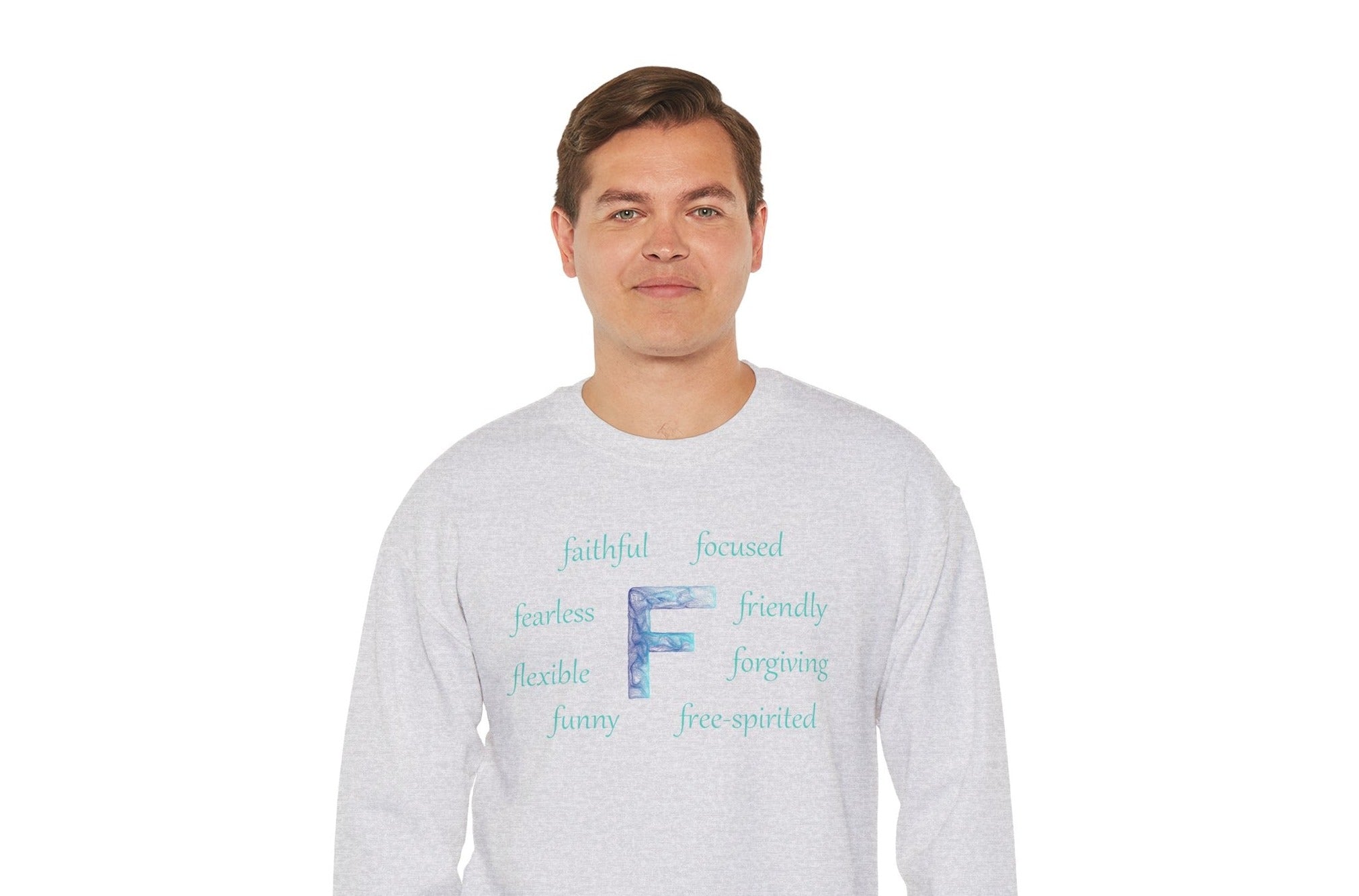 ash grey sweatshirt with the letter F surrounded by positive f words