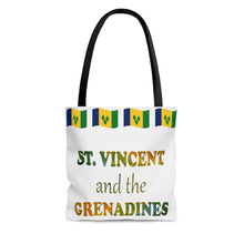 Load image into Gallery viewer, St. Vincent and the Grenadines souvenir tote bag with parrot feather lettering
