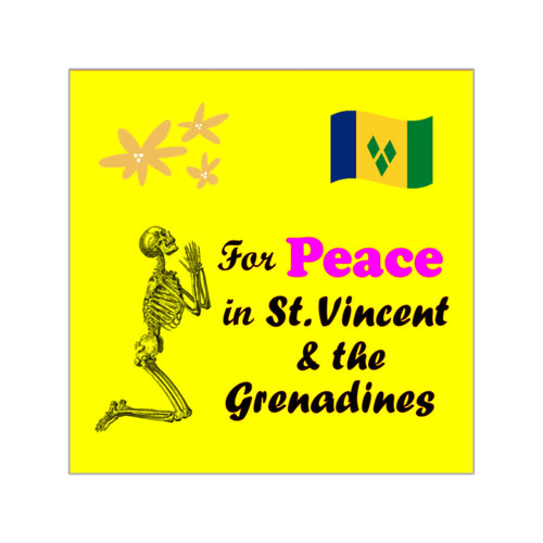 square vinyl sticker with a skeleton praying for peace in St. Vincent and the Grenadines