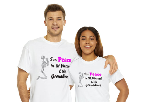 white t-shirt with a skeleton praying for peace in St. Vincent and the Grenadines