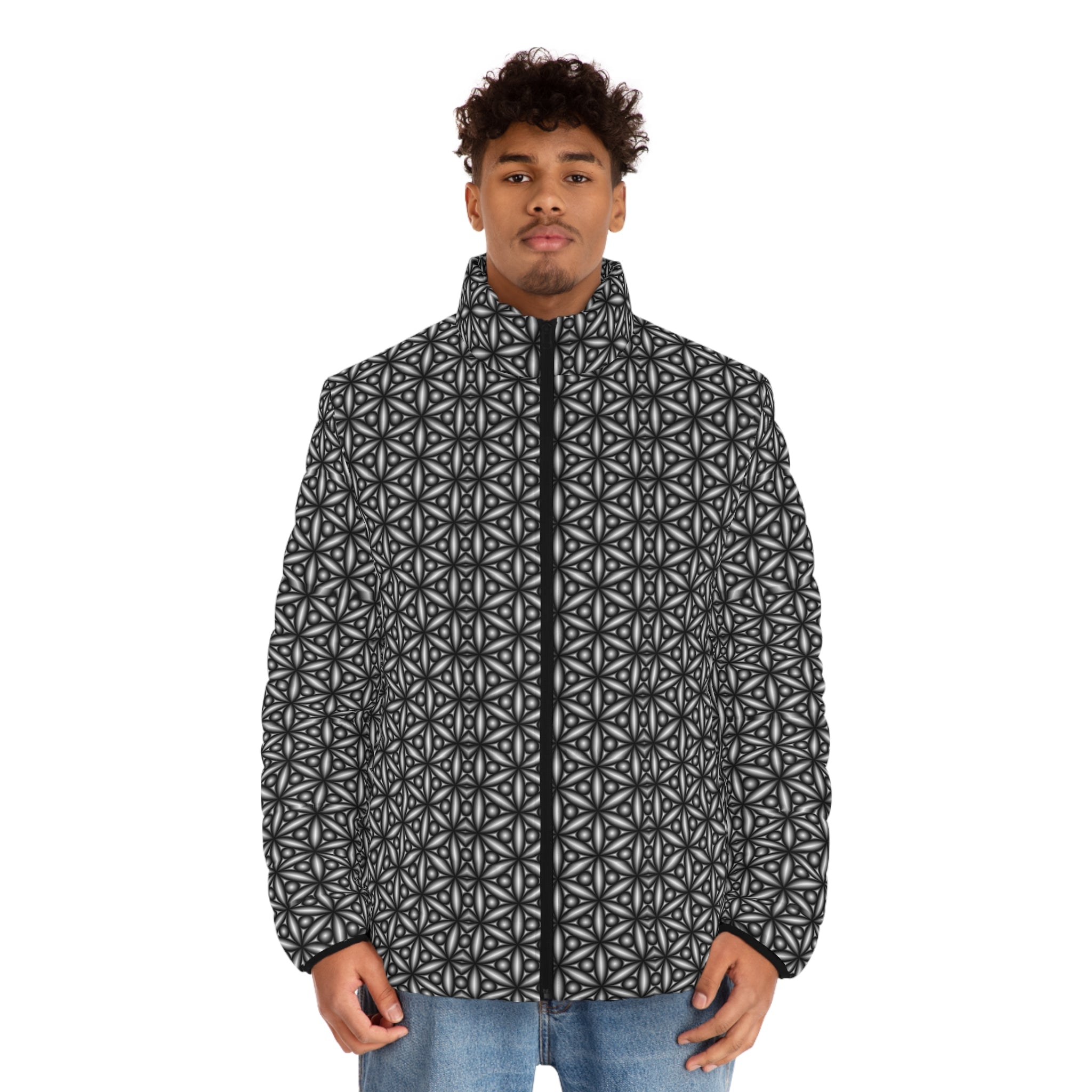 black and white geometric men's puffer jacket with a 6 prong star pattern
