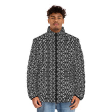 Load image into Gallery viewer, black and white geometric men&#39;s puffer jacket with a 6 prong star pattern
