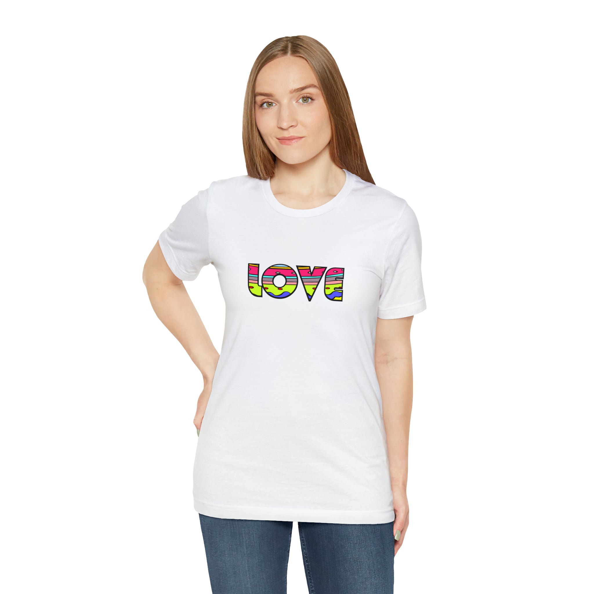 white t-shirt with the word 'love' in hippie colors