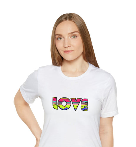 white t-shirt with the word 'love' in hippie colors