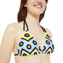 Load image into Gallery viewer, bikini set with blue, yellow and black zig zag pattern and orange and blue circles
