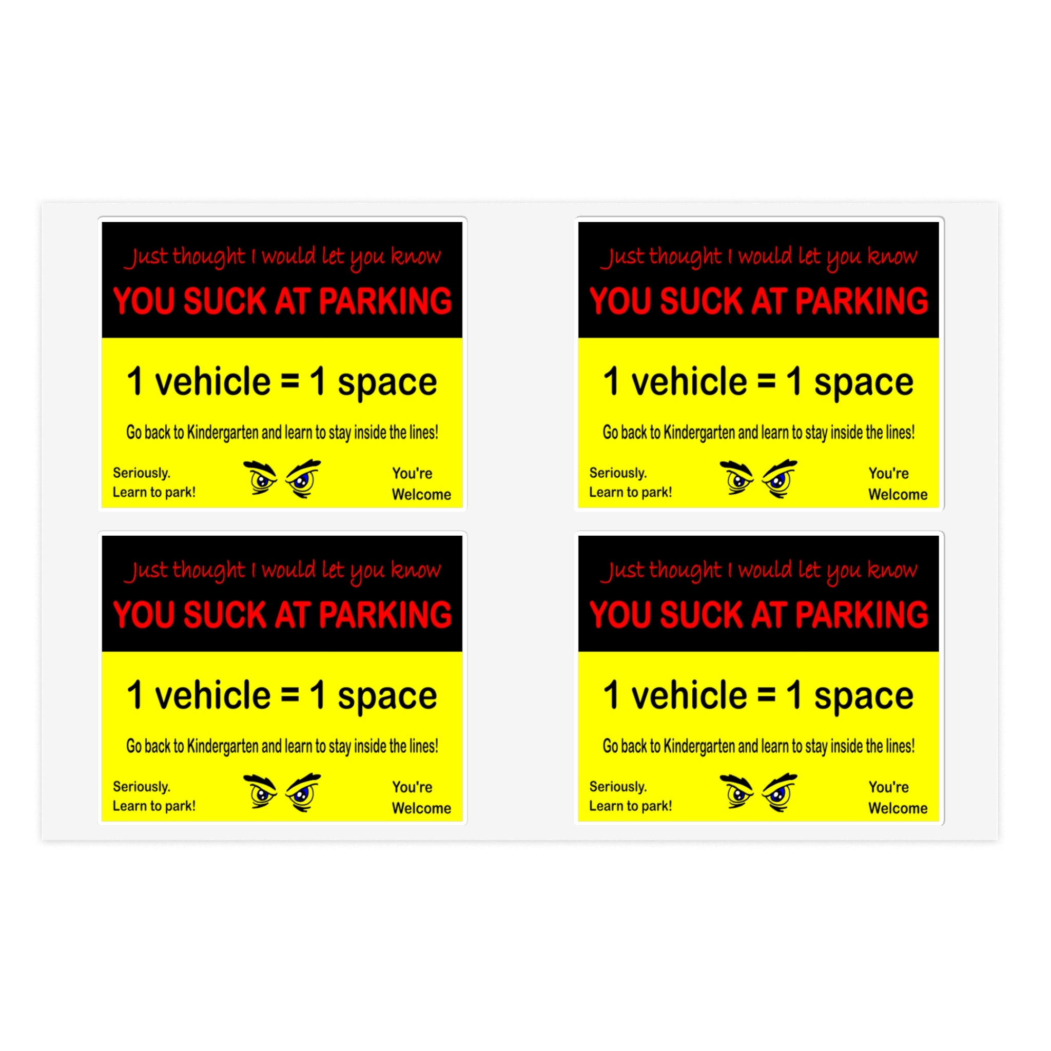 Bad Parking Awareness Sticker Sheet – 4 Funny & Direct Vinyl Stickers to Teach Parking Etiquette