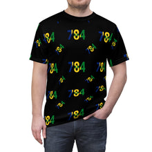 Load image into Gallery viewer, black t-shirt with St. Vincent and the Grenadines area code 784 repeated on it in national colors
