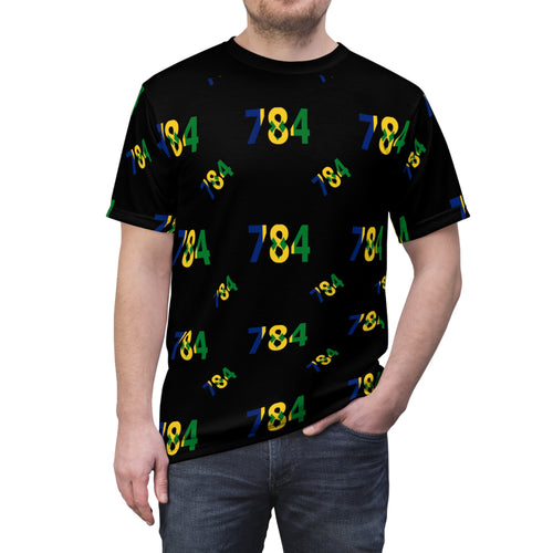 black t-shirt with St. Vincent and the Grenadines area code 784 repeated on it in national colors