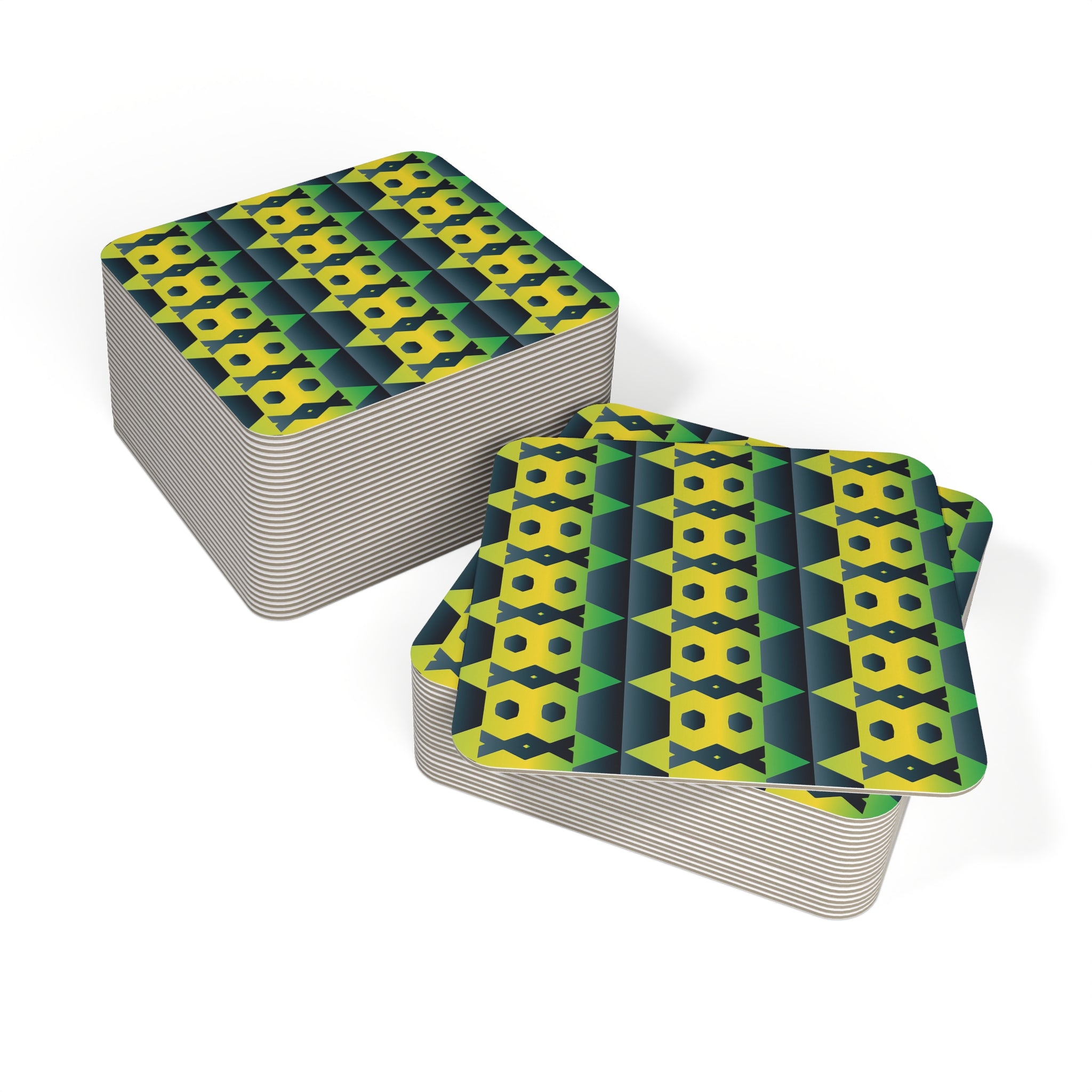 Set of 50 St. Vincent and the Grenadines national color square drink coasters with yellow, green and blue geometric pattern