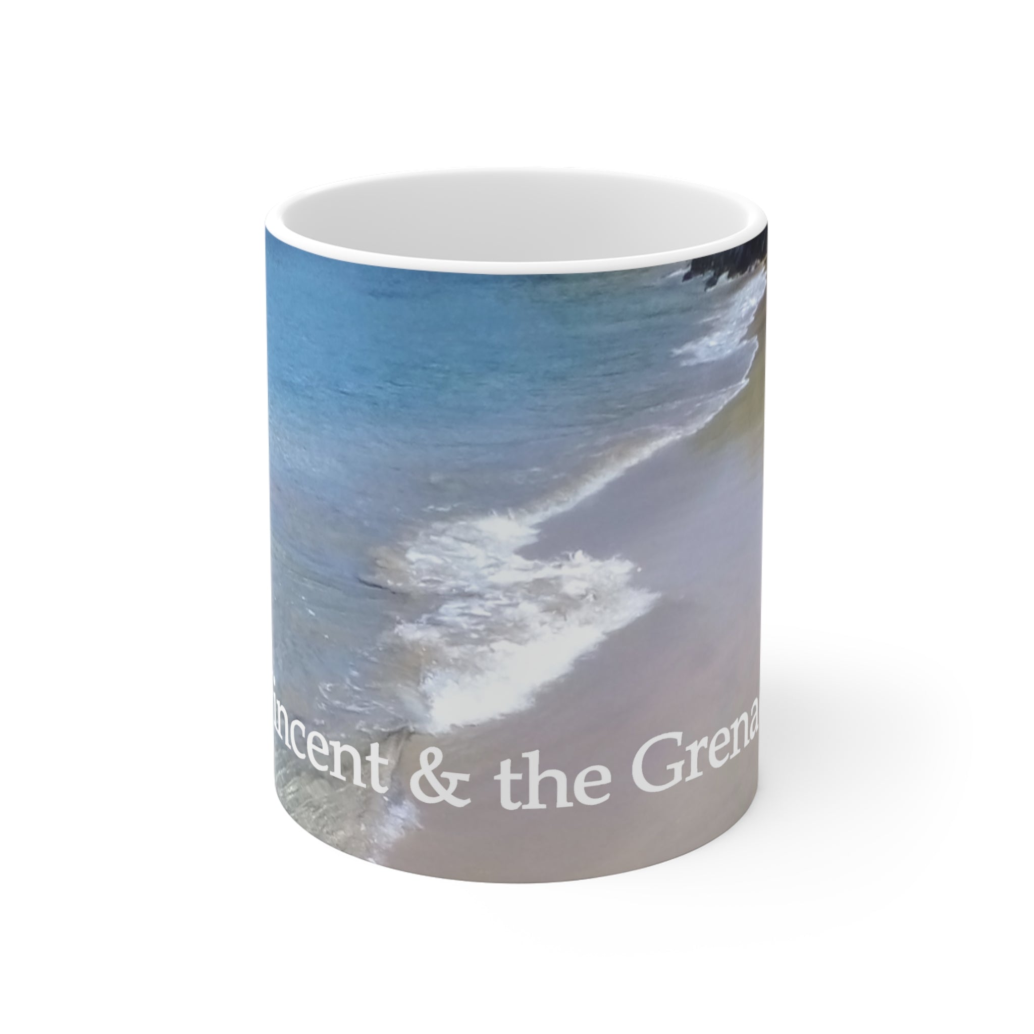 11oz souvenir ceramic mug featuring a picture of a beach in Mayreau