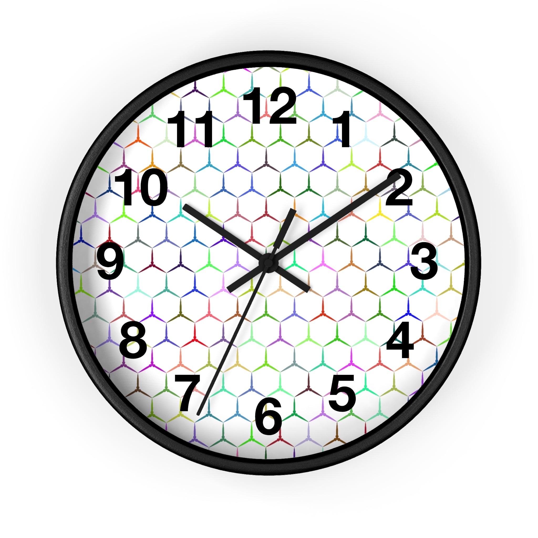 10 inch round wall clock with colorful geometric shape outlines reminiscent of snake skin
