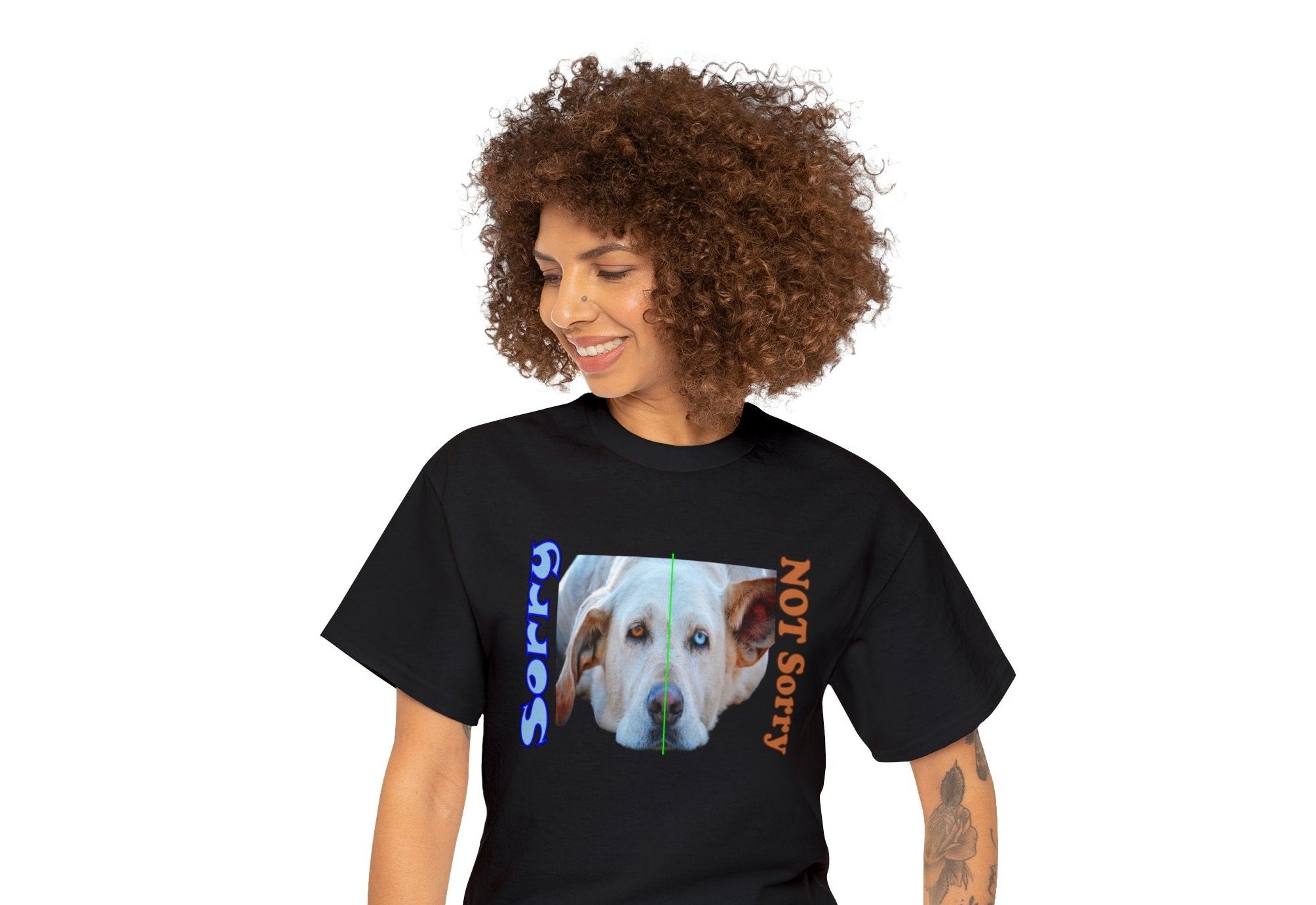 black unisex t-shirt with a picture of a dog with heterochromia and the captions 'sorry; 'not sorry'