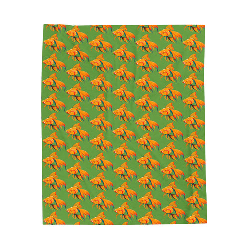 green velveteen plush blanket with a goldfish design