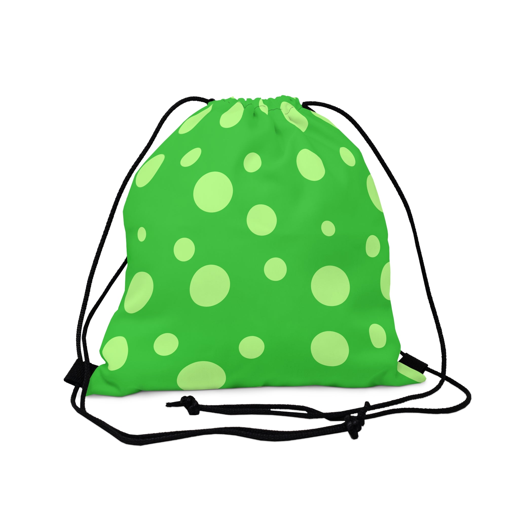 green drawstring bag with a lighter green polka dot design