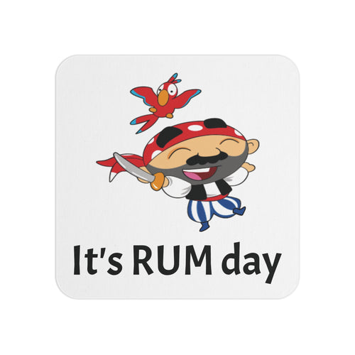 Pirate-themed coaster with a parrot and text 'It's RUM day' on a white background