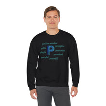 Load image into Gallery viewer, P Alphabet Sweatshirt, Optimistic, Mental Health, Motivational Alphabet Initial &quot;P&quot; Unisex Heavy Blend™ Crewneck Sweatshirt, Self-affirming Sweatshirt
