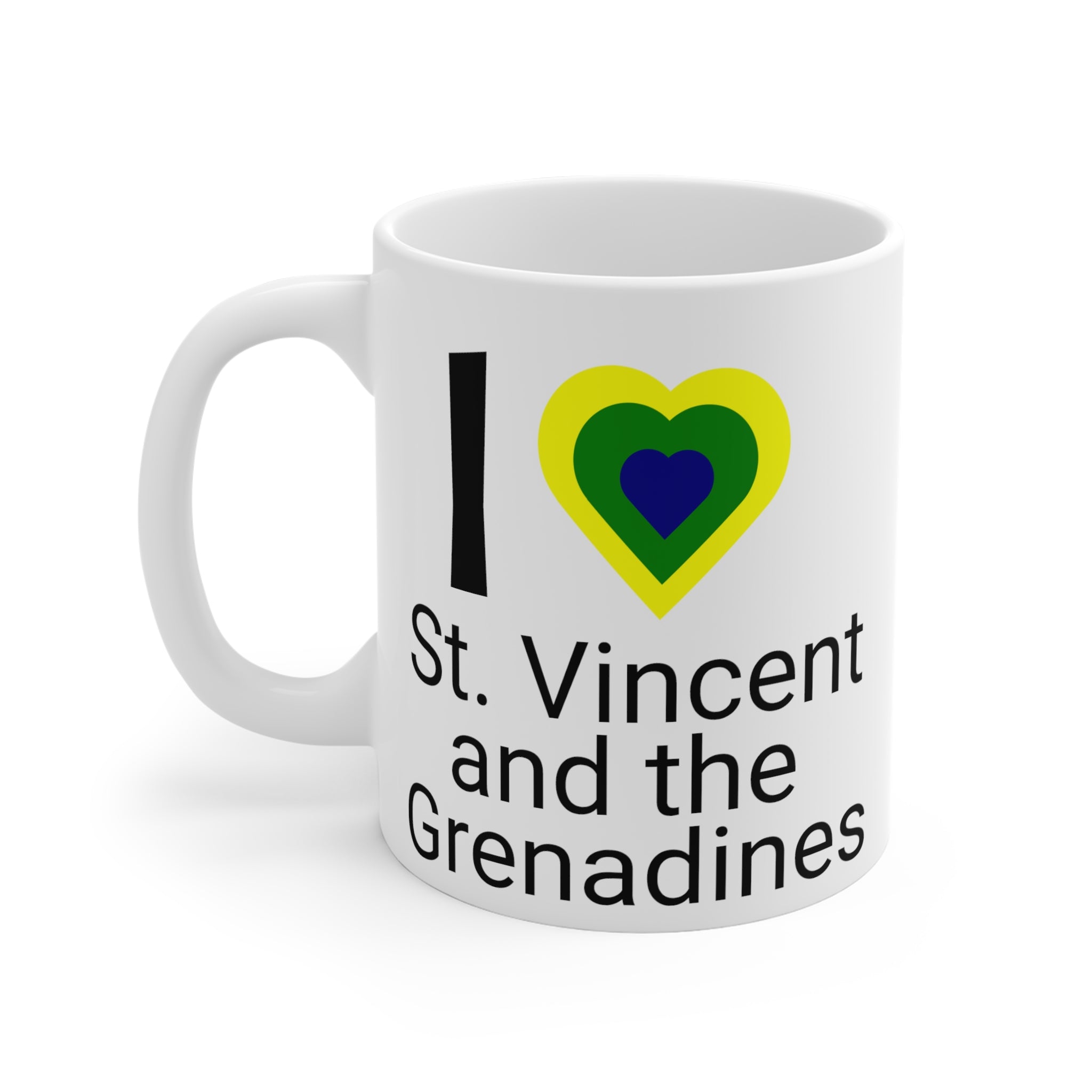 11oz coffee mug saying 'I love St. Vincent and the Grenadines' with a yellow heart
