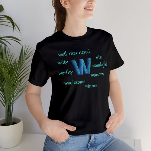 black t-shirt with the letter W surrounded by motivating w words