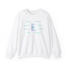 Load image into Gallery viewer, white sweatshirt with a letter E surrounded by positive E words
