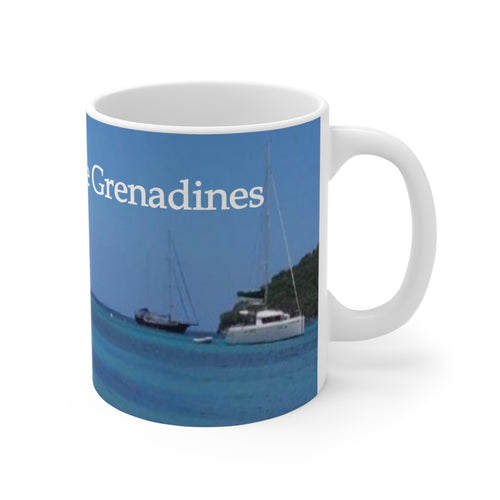 11oz coffee mug with a picture of boats at the beach in St. Vincent and the Grenadines