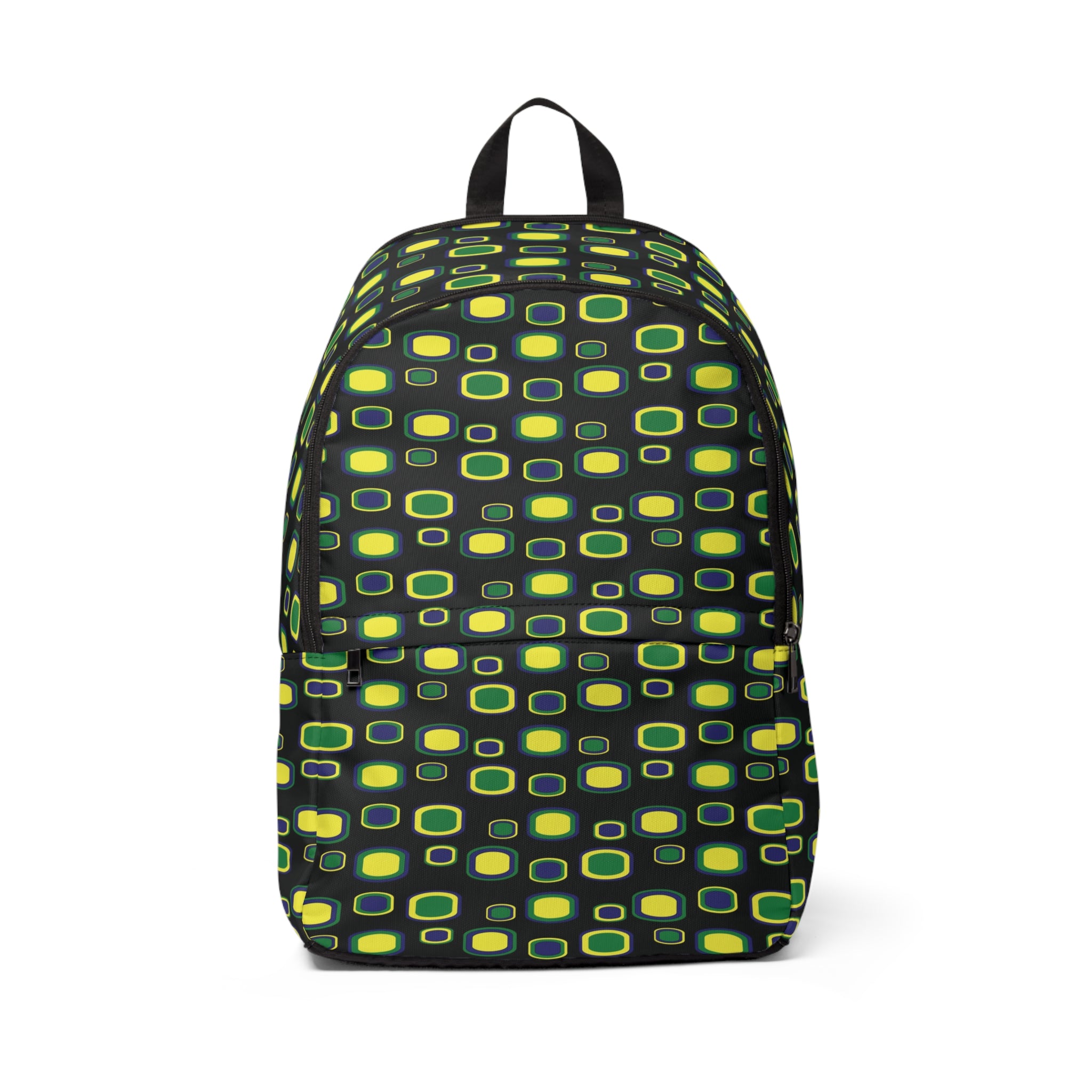 Black unisex fabric backpack with St. Vincent and the Grenadines national colored cubes