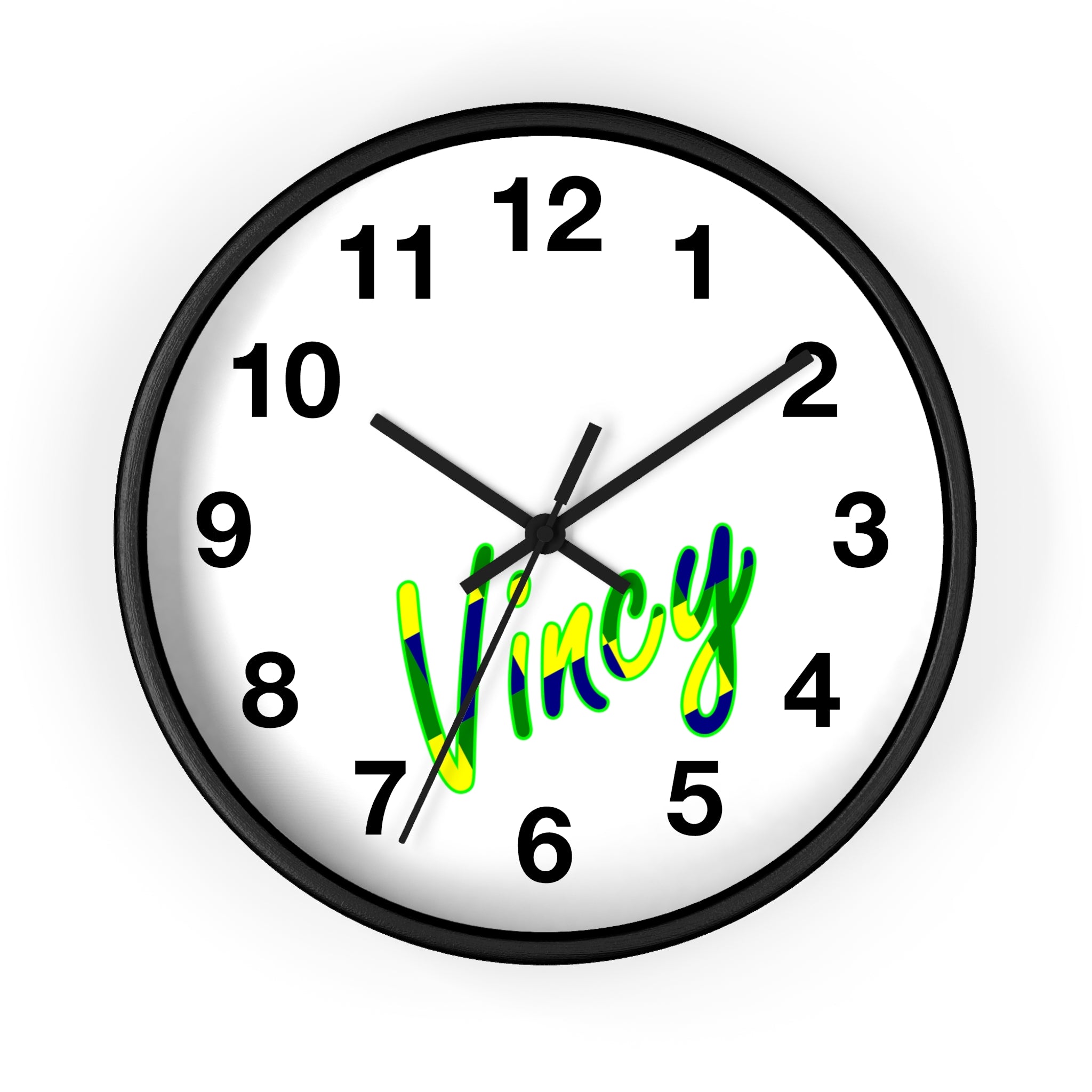 10 inch round wall clock with Vincy written across the face in blue, yellow and green