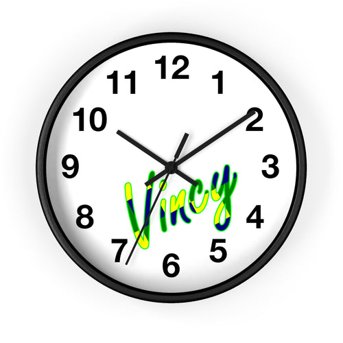 10 inch round wall clock with Vincy written across the face in blue, yellow and green