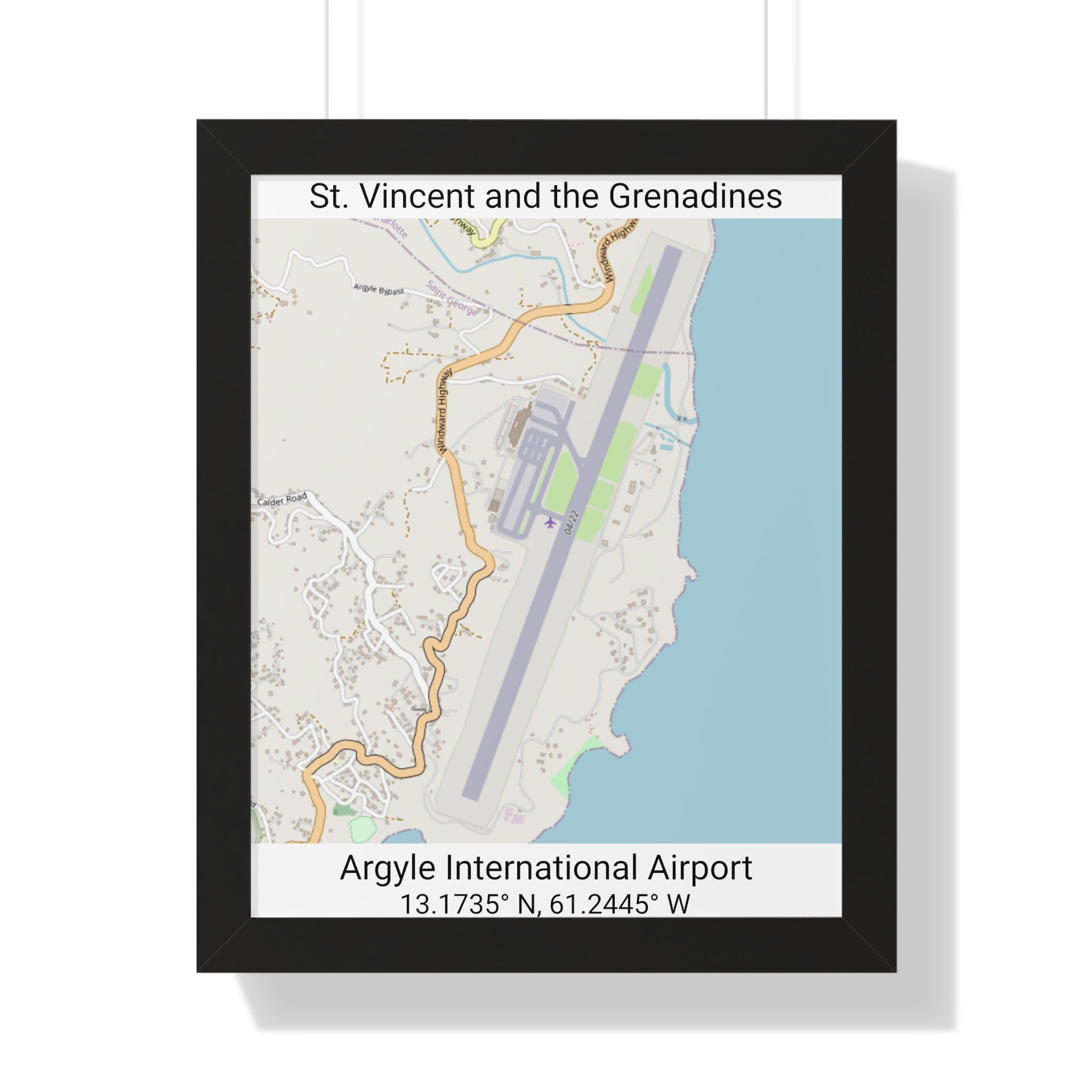St. Vincent and the Grenadines Argyle International Airport Map Framed Print Poster, City Map Print Poster. Airport Map Print Poster, Road Map Print Poster, Framed Vertical Poster