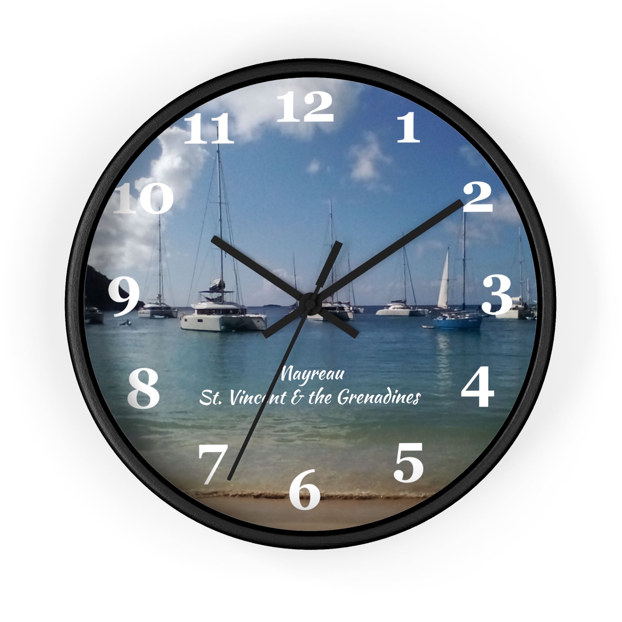 Mayreau Beach Wall Clock, 10 inch round wall clock showing a picture of Mayreau beach in St. Vincent and the Grenadines