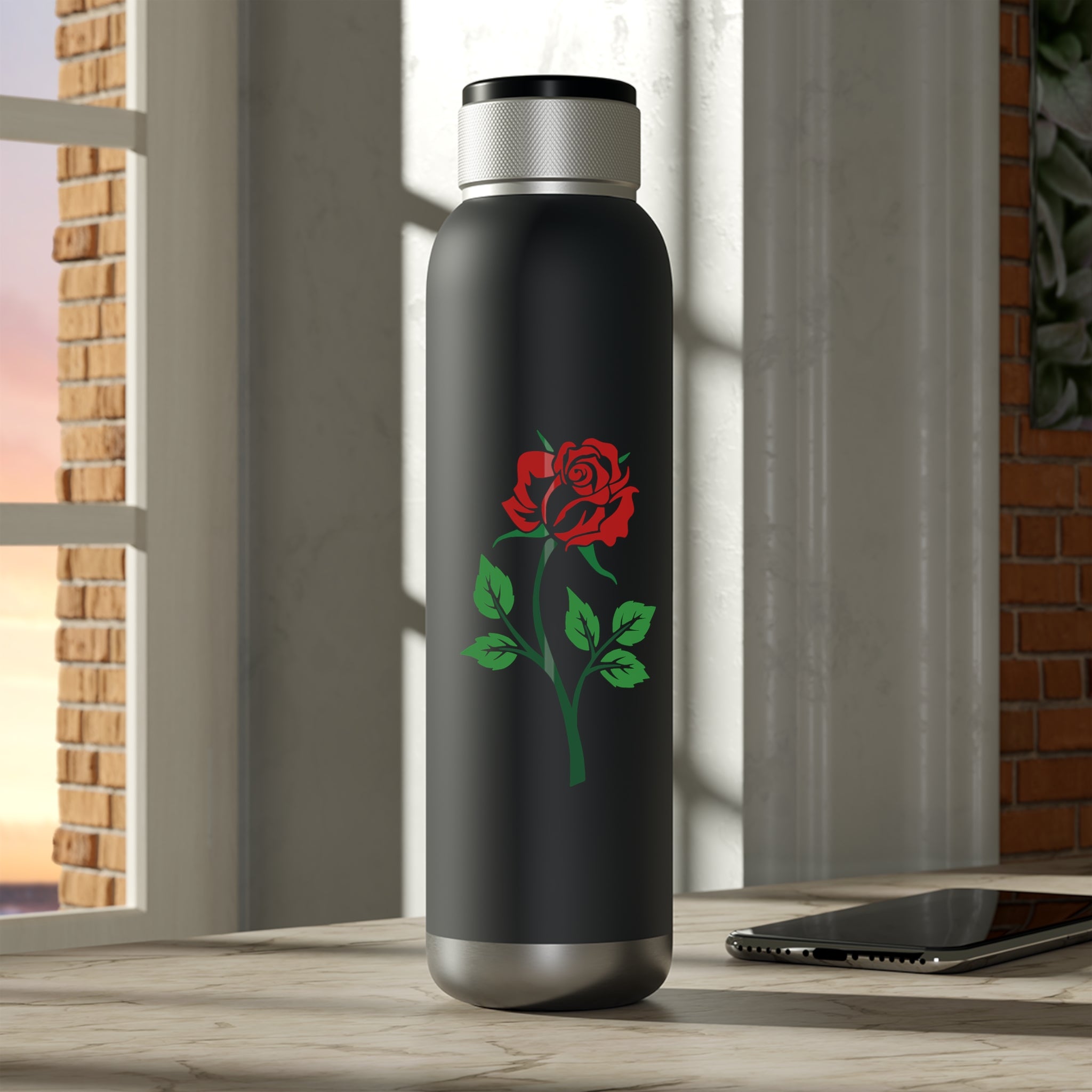Soundwave Copper Vacuum Audio Bottle 22oz - Red Rose, 2 in 1 Water Bottle, Bluetooth Speaker Bottle, Black Portable