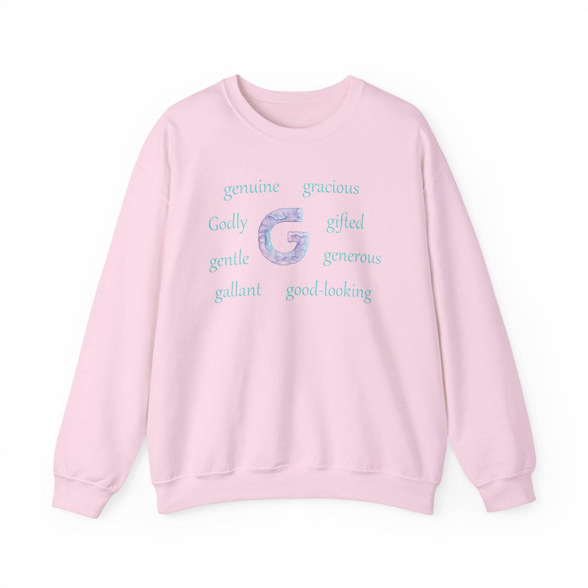 pink sweatshirt with the letter G surrounded by positive g words