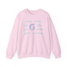 Load image into Gallery viewer, pink sweatshirt with the letter G surrounded by positive g words
