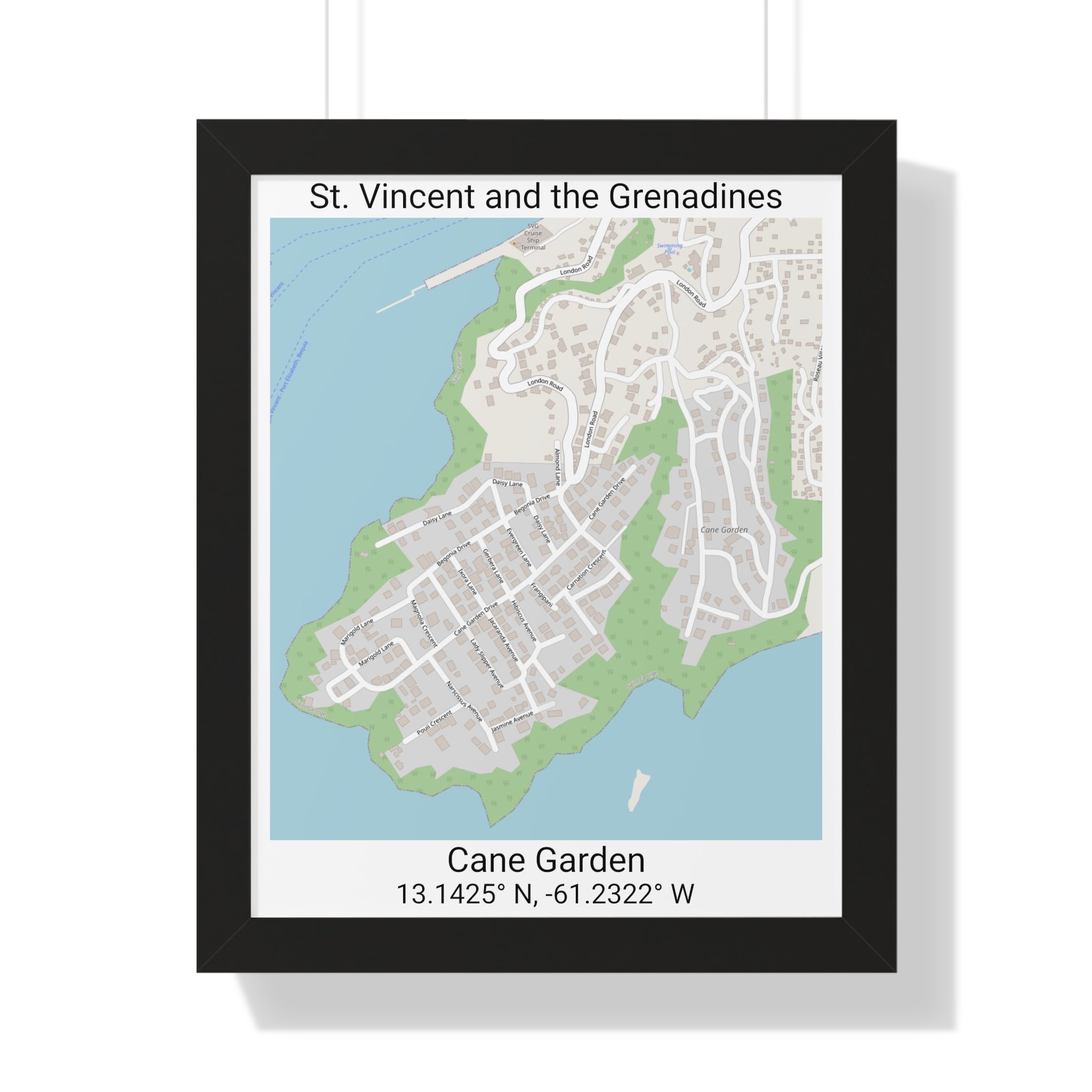 framed map poster of Cane Garden in St. Vincent and the Grenadines