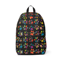Load image into Gallery viewer, black unisex fabric backpack covered with a variety of multicolored paw prints
