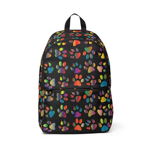 black unisex fabric backpack covered with a variety of multicolored paw prints