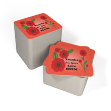 Load image into Gallery viewer, Stack of 100 square coasters with floral design and &#39;Thanks for your love MOM&#39; text on a red background
