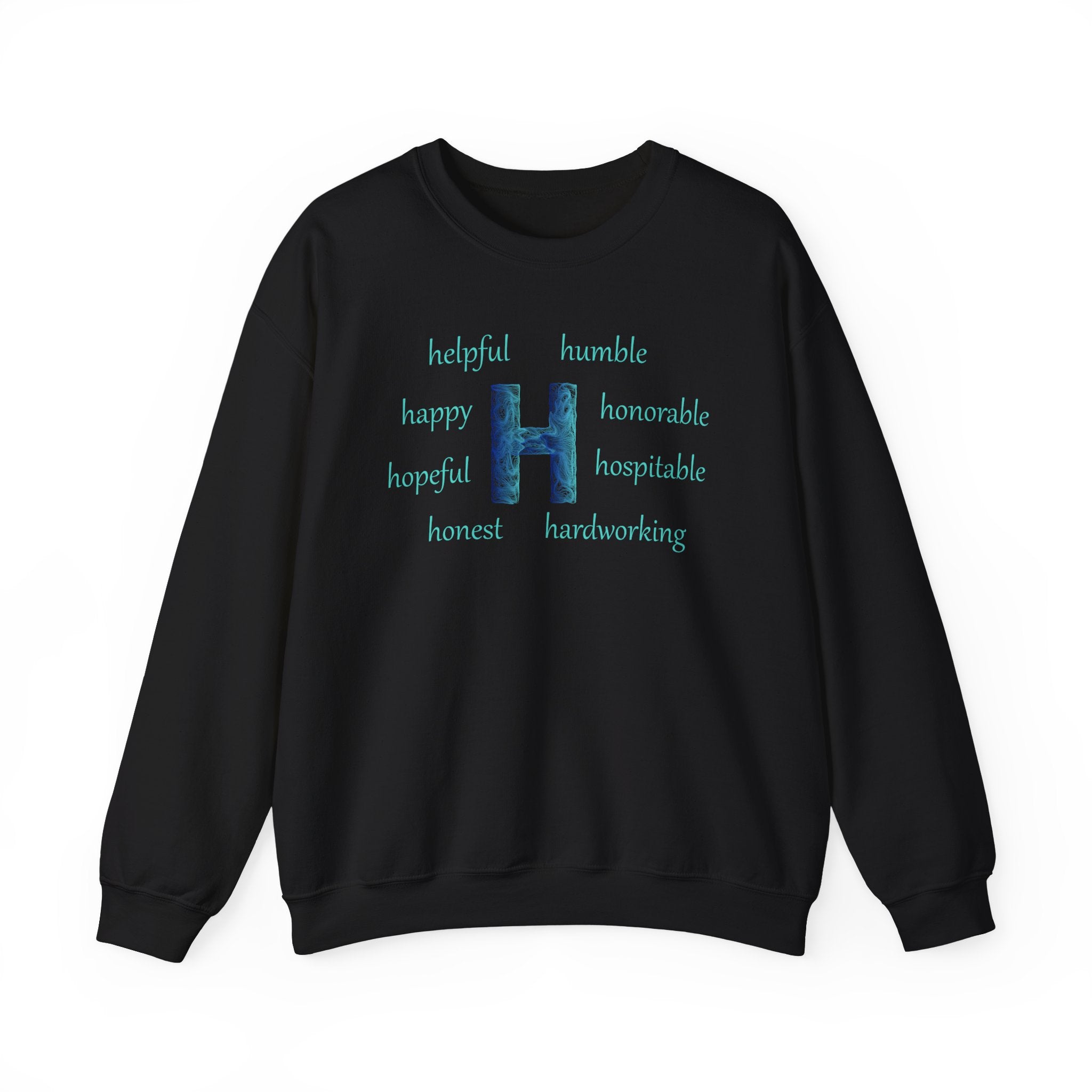 black sweatshirt with the letter H surrounded by positive H words