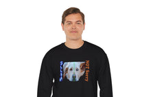 Load image into Gallery viewer, black sweatshirt with a heterochromia dog face and the caption sorry, not sorry 
