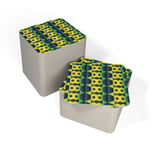 Load image into Gallery viewer, Set of 100 St. Vincent and the Grenadines national color square drink coasters with yellow, green and blue geometric pattern

