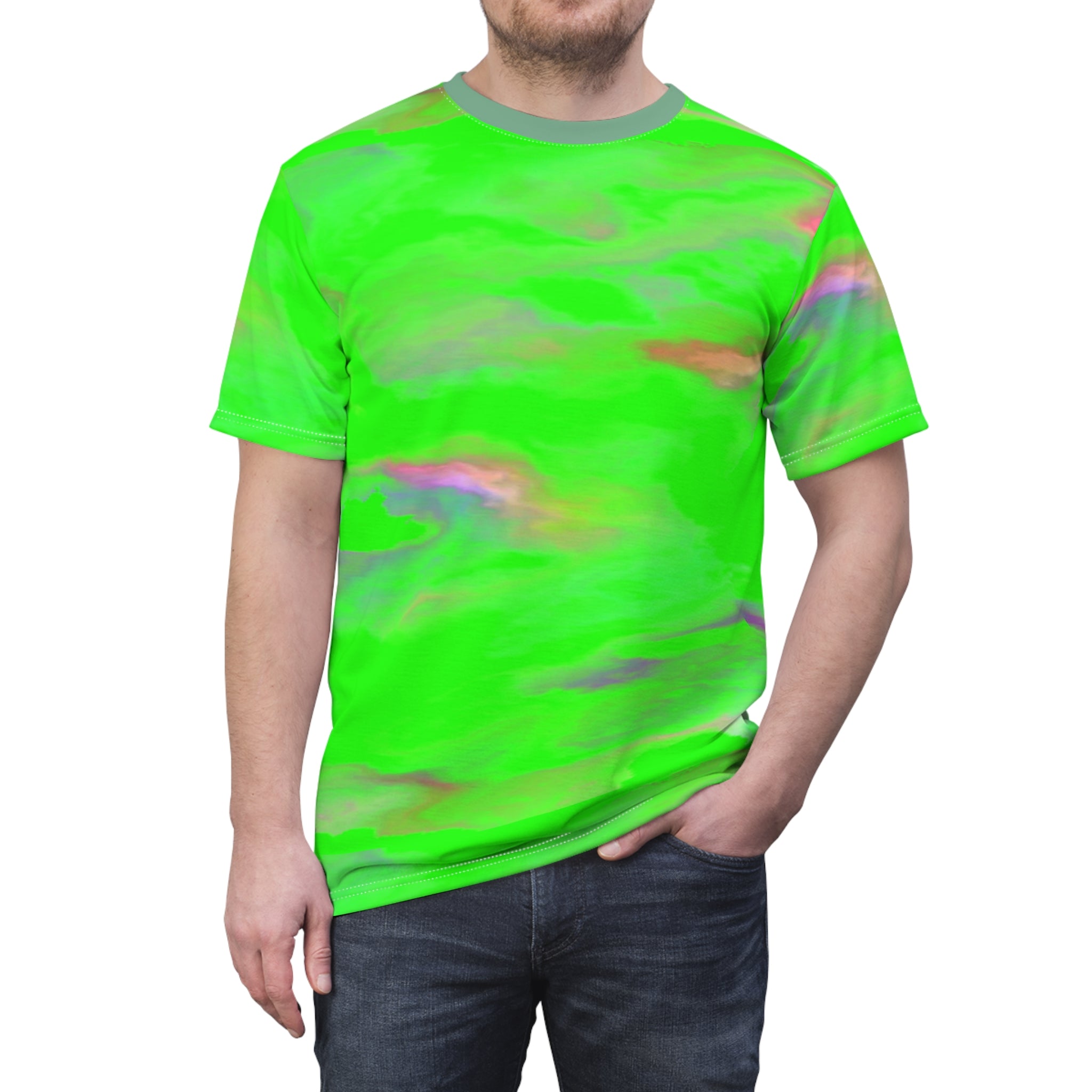 green unisex t-shirt with pink, blue, purple and gray marbling