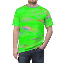 Load image into Gallery viewer, green unisex t-shirt with pink, blue, purple and gray marbling
