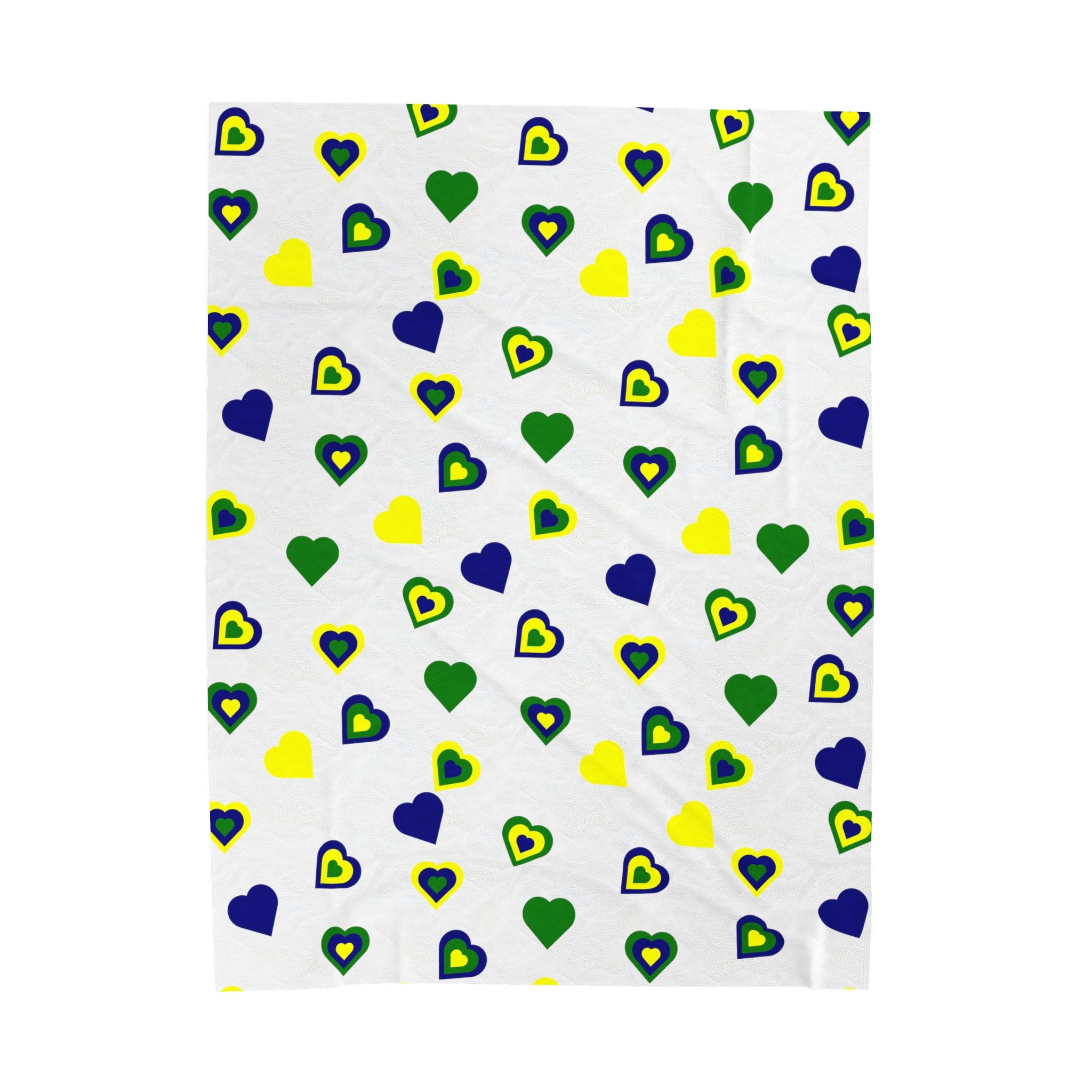 white velveteen plush blanket featuring hearts in the various colors of St. Vincent and the Grenadines
