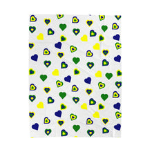 Load image into Gallery viewer, white velveteen plush blanket featuring hearts in the various colors of St. Vincent and the Grenadines
