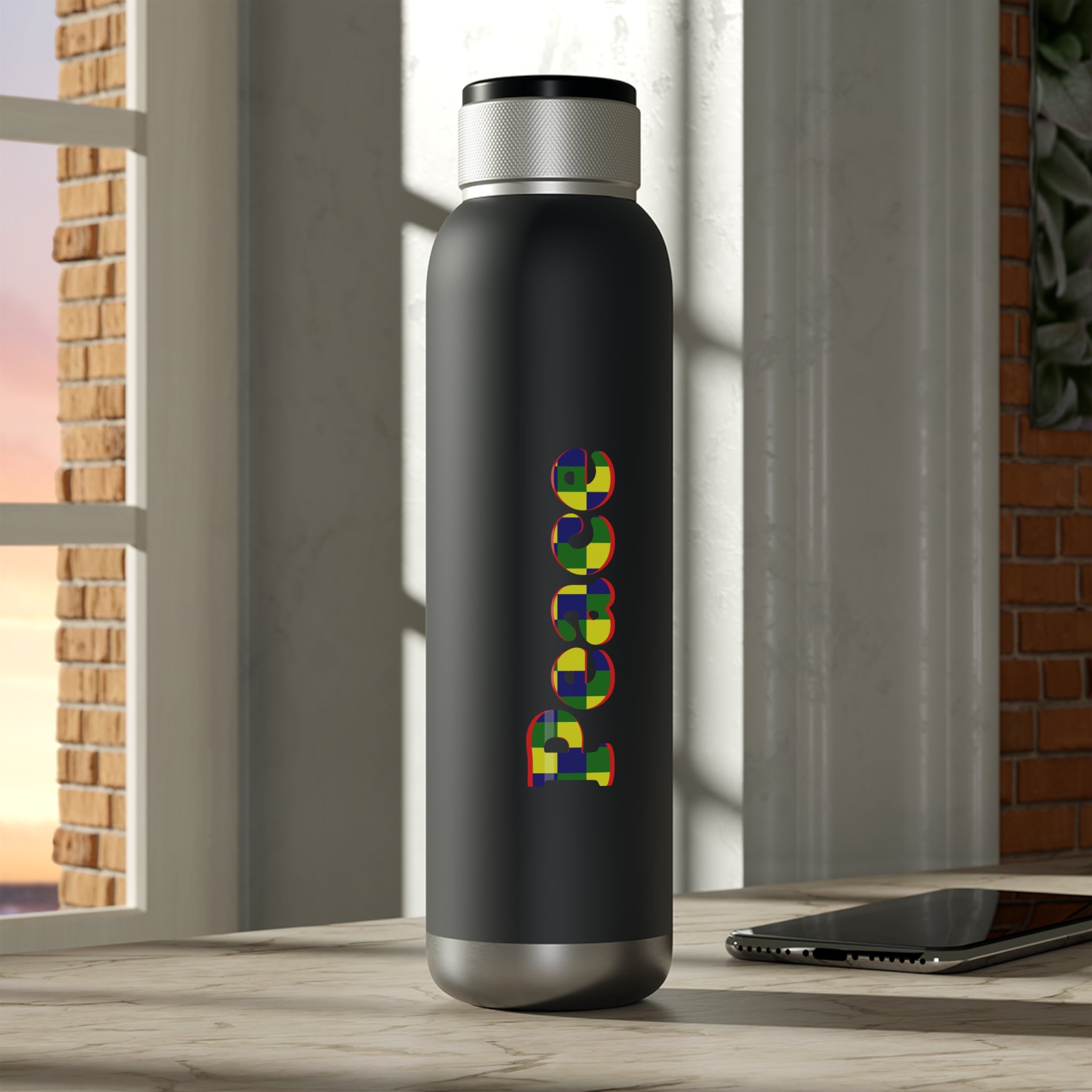 Soundwave Copper Vacuum Audio Bottle 22oz - Peace, 2 in 1 Water Bottle, Bluetooth Speaker Bottle, Black Portable